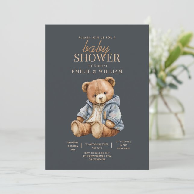 Teddy Bear Invitación Baby Shower Puede Esperar (Anverso de pie)
