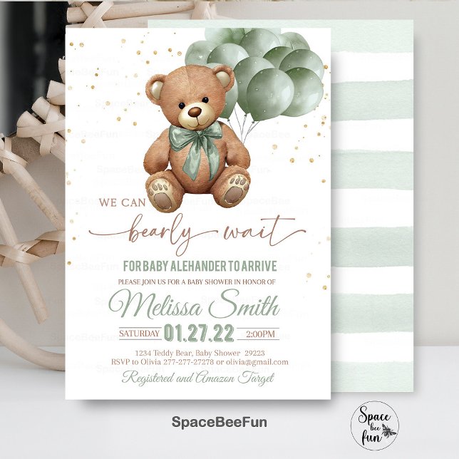 Teddy Bear Invitación Baby Shower Que Podemos Hace (Teddy Bear,Baby Shower,Invitation,We Can Bearly Wait,gender natural,,invitesbear,hot air balloon,Bea)