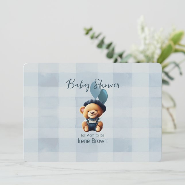 Teddy Bear Jean Baby Shower Invitación azul (Anverso de pie)