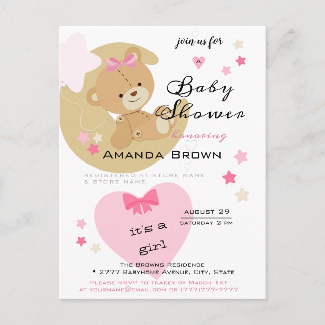 Teddy Bear Love Baby Girl Invitación a la ducha (Anverso)