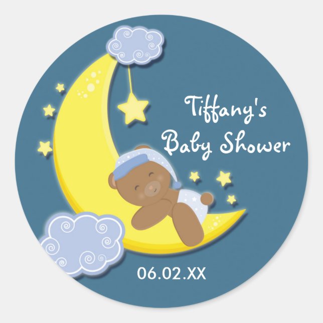 Teddy Bear Moon & Stars Baby Shower Blue Pegatina (Anverso)
