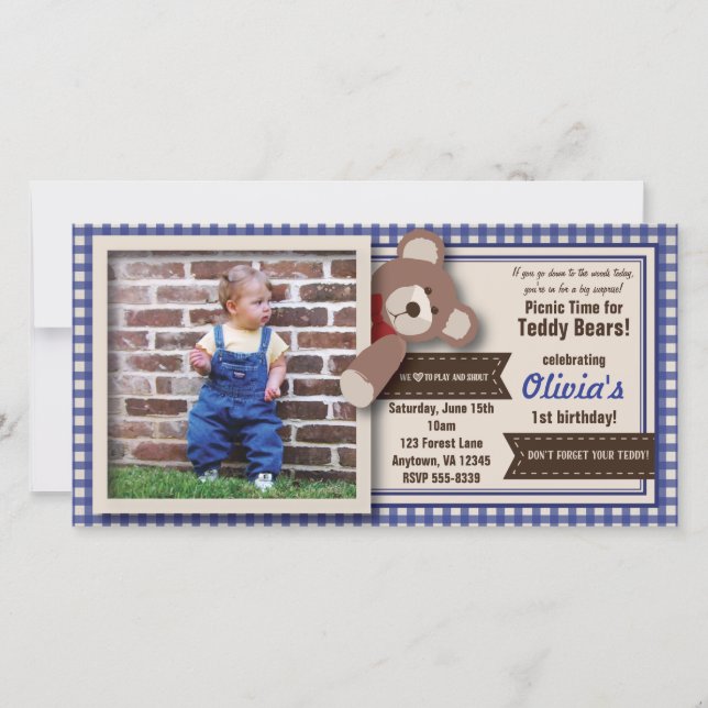 Teddy Bear Picnic Birthday -Blue Gingham (Anverso)