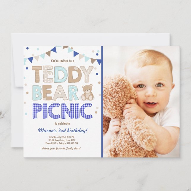 Teddy Bear Picnic Boy Invitación al cumpleaños Blu (Anverso)