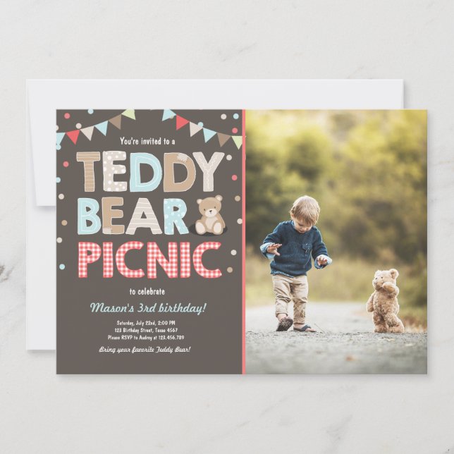 Teddy Bear Picnic Boy Invitación de cumpleaños Azu (Anverso)