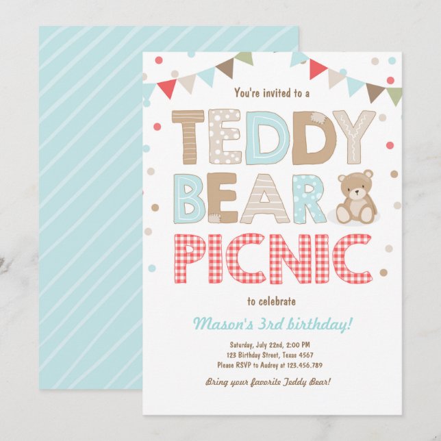 Teddy Bear Picnic Boy Invitación de cumpleaños Azu (Anverso / Reverso)
