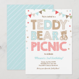 Teddy Bear Picnic Boy Invitación de cumpleaños Azu