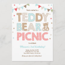 Teddy Bear Picnic Boy Invitación de cumpleaños Azu
