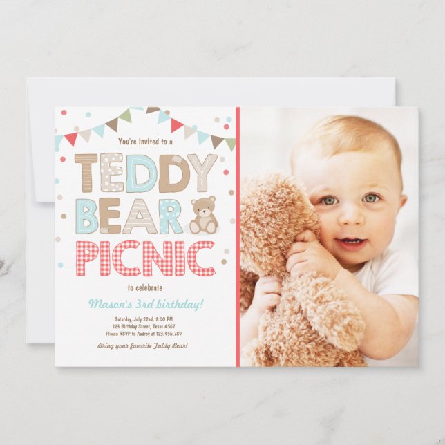Teddy Bear Picnic Boy Invitación de cumpleaños Azu (Anverso)