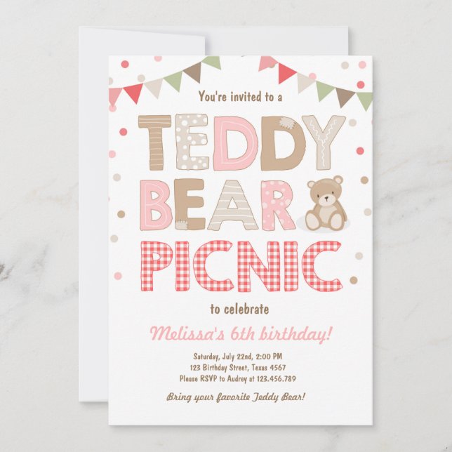 Teddy Bear Picnic Chica cumpleaños Invitación Rosa (Anverso)