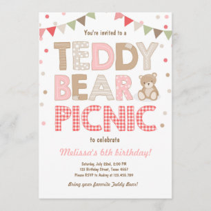 Teddy Bear Picnic Chica cumpleaños Invitación Rosa