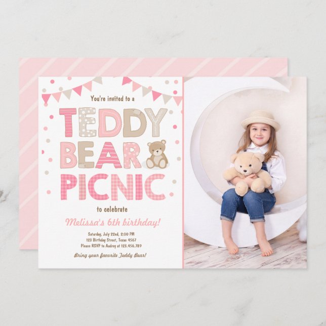 Teddy Bear Picnic Chica cumpleaños Invitación Rosa (Anverso / Reverso)
