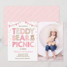 Teddy Bear Picnic Chica cumpleaños Invitación Rosa
