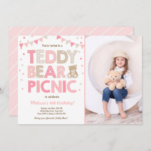 Teddy Bear Picnic Chica cumpleaños Invitación Rosa