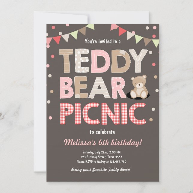 Teddy Bear Picnic Chica cumpleaños Invitación Rosa (Anverso)