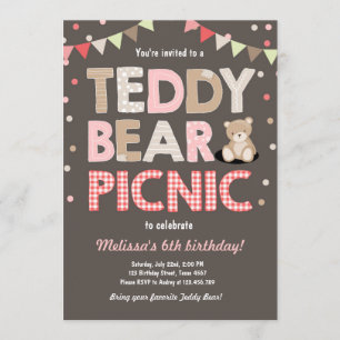 Teddy Bear Picnic Chica cumpleaños Invitación Rosa