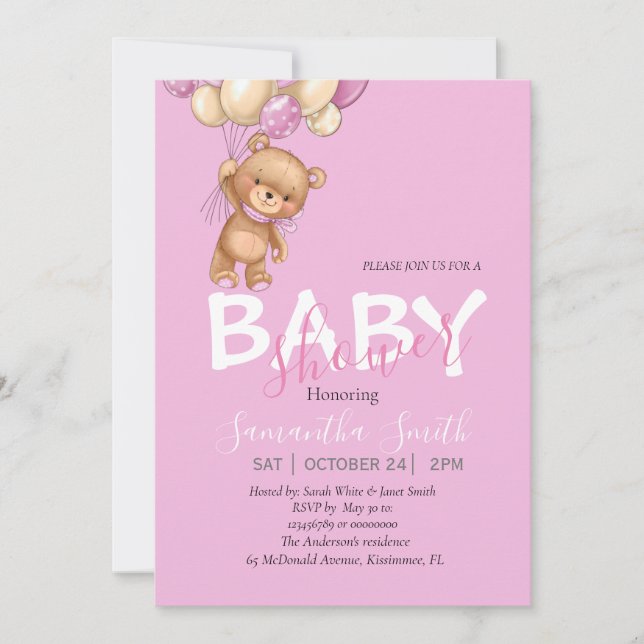 Teddy Bear, PINK Balloons Invitación Baby Shower (Anverso)