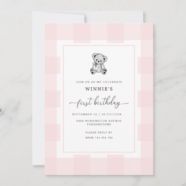 Teddy Bear Pink Gingham Primera Invitación de Cump (Anverso)
