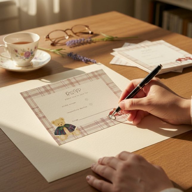 Teddy Bear Race Car Plaid Baby Shower RSVP Card (Subido por el creador)