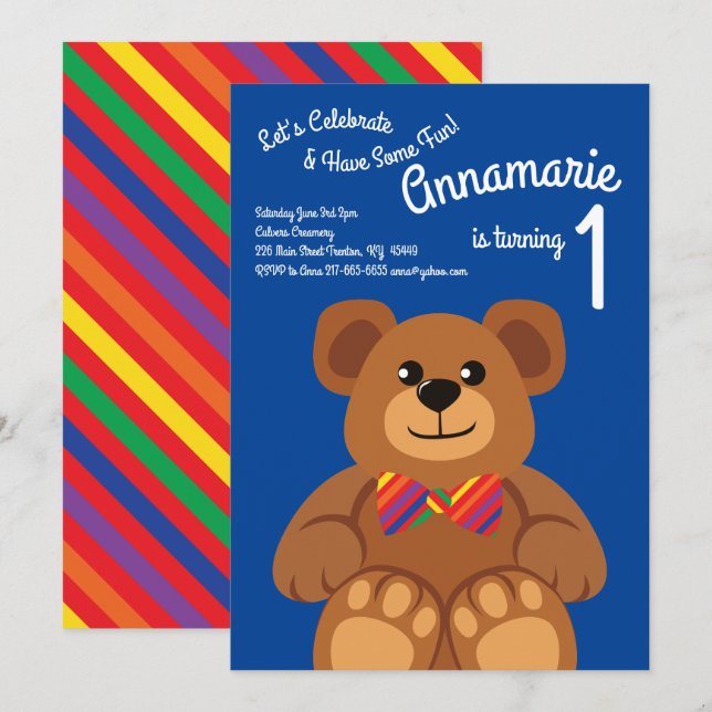 Teddy Bear Rainbow Invitaciones a la hora del prim (Anverso / Reverso)