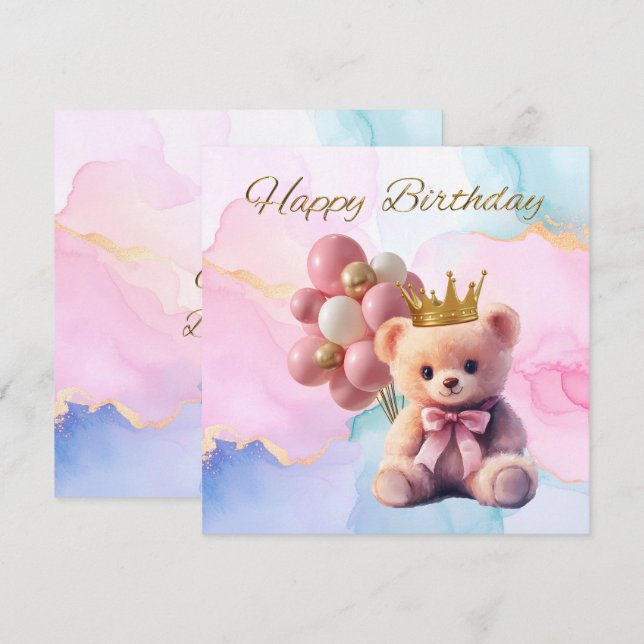 Teddy Bear Rosa Bow Gold Crown Feliz cumpleaños (Anverso / Reverso)