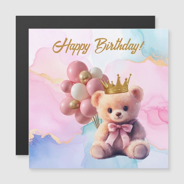 Teddy Bear Rosa Bow Gold Crown Feliz cumpleaños (Anverso/Reverso)