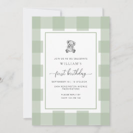 Teddy Bear Sage Gingham Invitación de primer cumpl