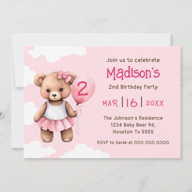 Teddy Bear Segunda Invitación de Cumpleaños (Anverso)