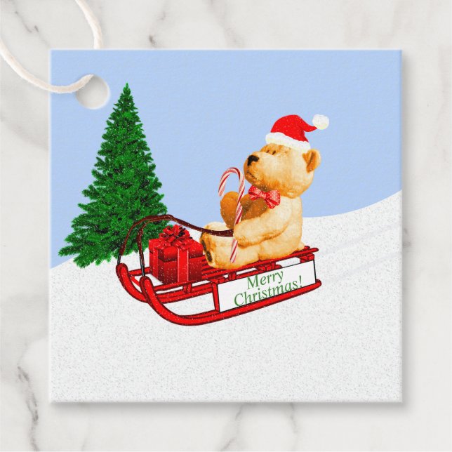 Teddy Bear Sled Presente Navidades Etiqueta Favor  (Anverso)