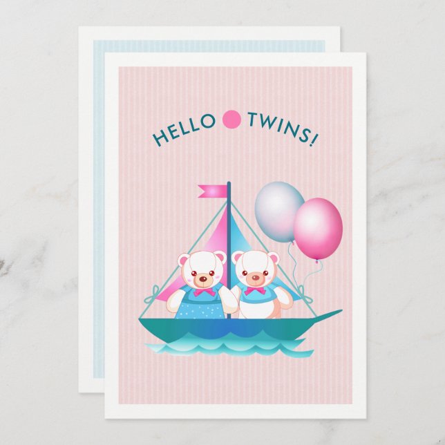 Teddy Bears Twin Chica & Boy Invitación Baby Showe (Anverso / Reverso)