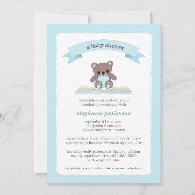 Teddybear azul trae una invitación de Baby Shower (Anverso)