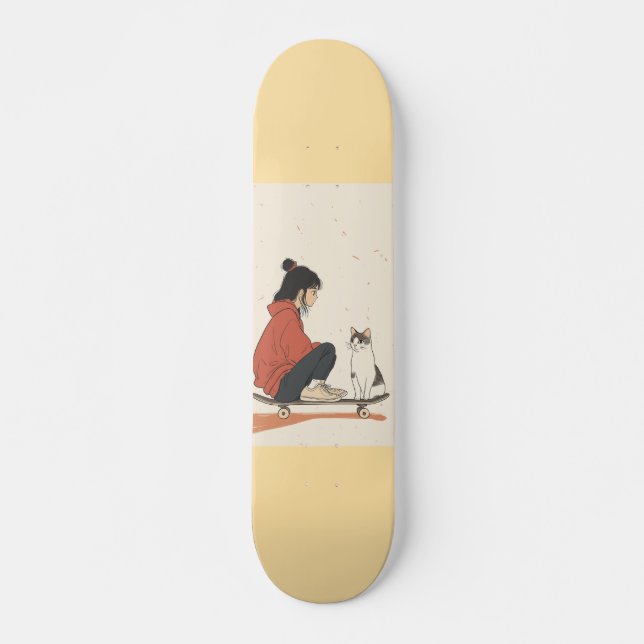 Teenager sitting on skateboard and next to his cat (Anverso )