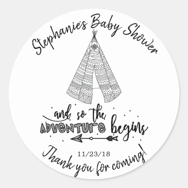 Teepee Adventure Boys Baby Shower Favor Pegatina (Anverso)