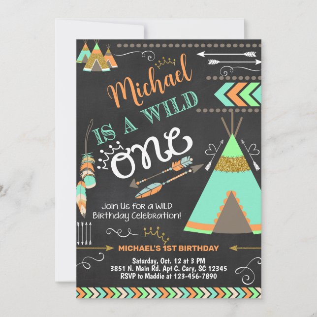 Teepee Wild One boy 1ª invitación para el cumpleañ (Anverso)