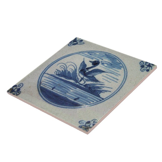 Teja azul antigua de Delft - pato en el agua (Lado)