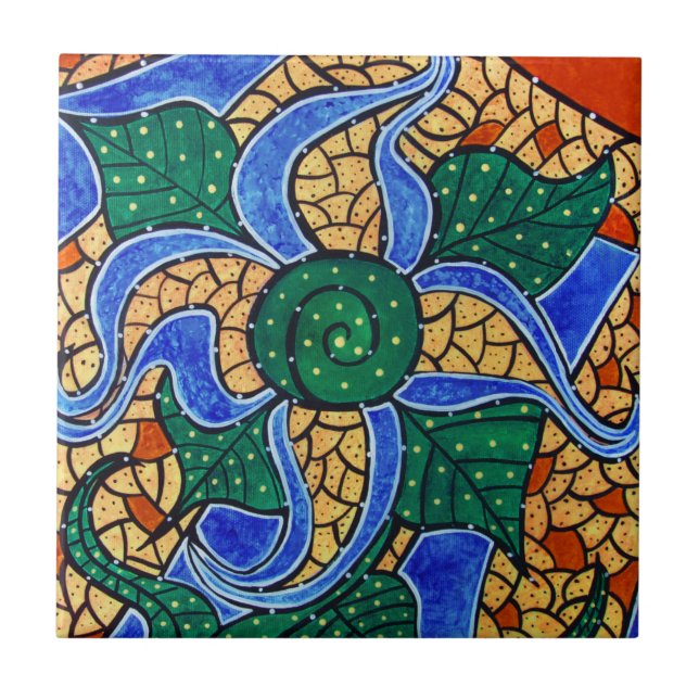 Teja de cerámica del arte de la flor azul (Frente)