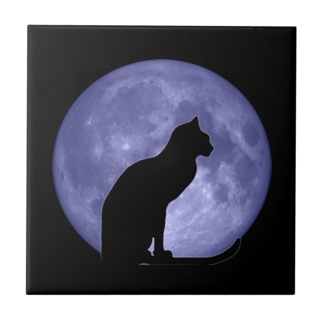 Teja Trivet de la luna azul del gato negro (Frente)