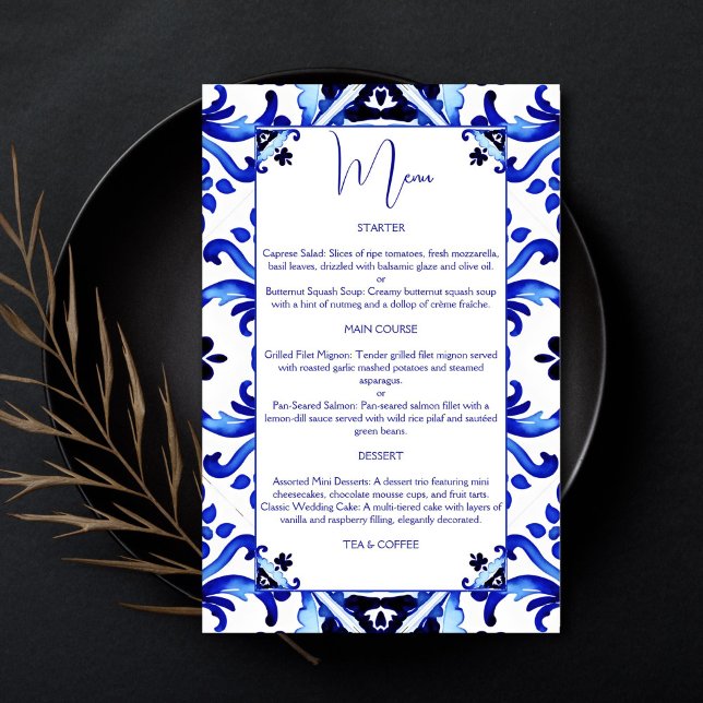 Tejas azules de Talavera menú mexicano vintage (Talavera azulejo Maiolica blue tiles vintage Mexican bridal shower wedding menu card template)