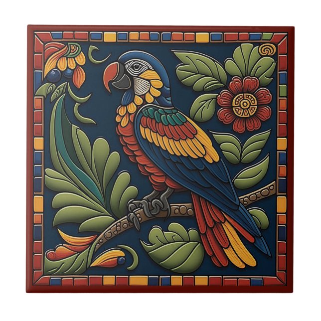 Tejas cerámicas de loro estilo Huichol mexicano 4/ (Frente)