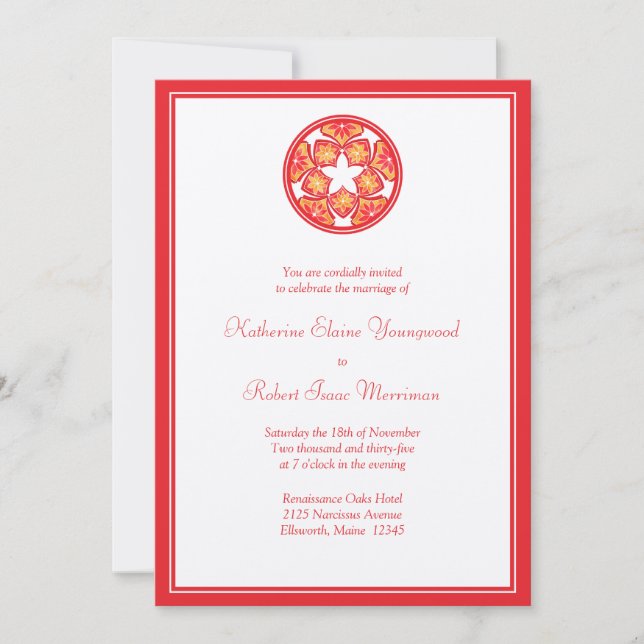 Tejas florales rojas que casan la invitación (Anverso)