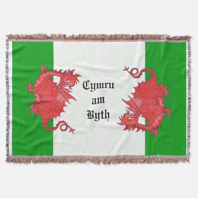 Tejida Dragones rojos curados en una manta verde y blanca (Anverso)