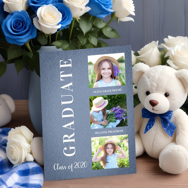 Tejido azul antes de la graduación de K Tres sesio (Pre-K Graduation Simple 3 Photos Blue Fabric Texture Card.)