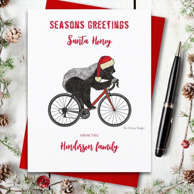 Tejón Mielero Divertido de Navidad en una Biciclet (Funny Santa honey badger on a bicycle custom holiday greetings postcard)