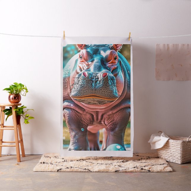 Tela 1 Yard Whimsical Hippo Turquoise Blue Pink (In Situ)