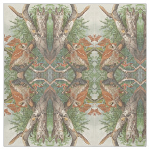 Tela 2 búhos de época enojados en un árbol textil
