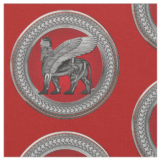 Tela [300] León alado asirio: Lamassu plateado y negro