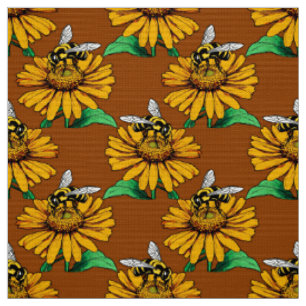 Tela Abeja en diseño de patrón de flor de girasol marró