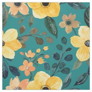 Tela Acuarela amarilla. Flores Verde azuladas botánicas