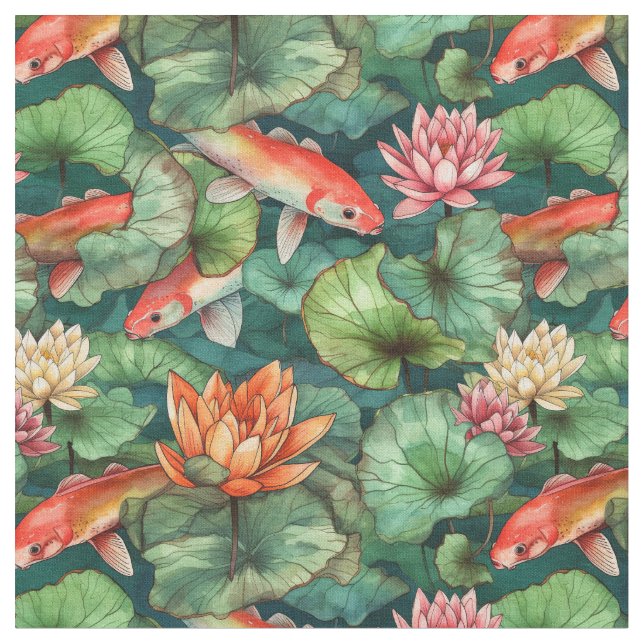 Tela Acuarela Koi & Water Lilies Fabric (De cerca)