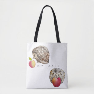 Tela Acuarela lindo hedgehog y bolso de manzana