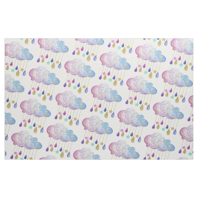 Tela Adorables nubes arco iris y ducha de bebé dorada ("Cuarto gordo" (fat quarter))